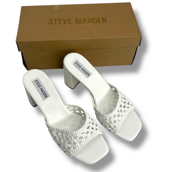 Steve Madden White Woven Heels Size 7 Slip On Mules Rafia Boho Beach Sandals - Picture 2 of 12